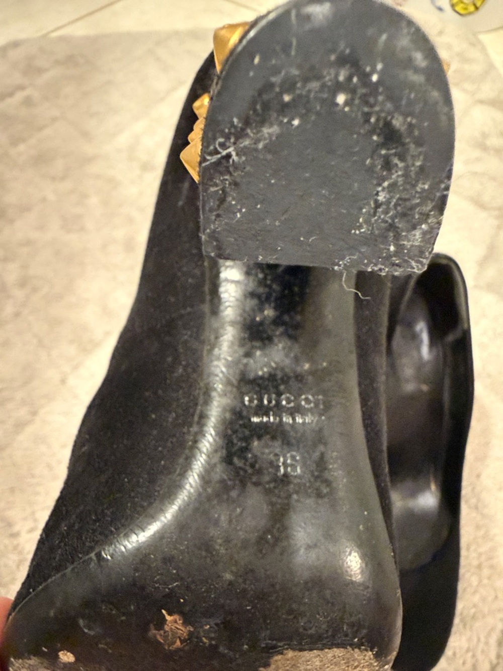 Gucci Black Suede Pumps with Gold Studded Block Heel - Picture 3 of 8